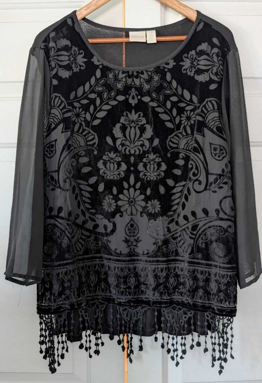 Chico's Black Mixed Media Burnout Velvet Fringe Sheer Sleeve Top Size 2 Chicos